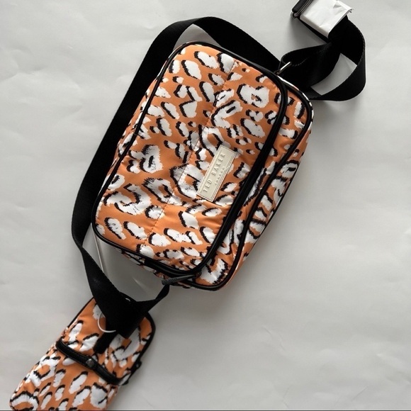 NWT TED BAKER Niqia Nylon Animal Print Orange Black Crossbody Bag w/ Attachment - Picture 2 of 8